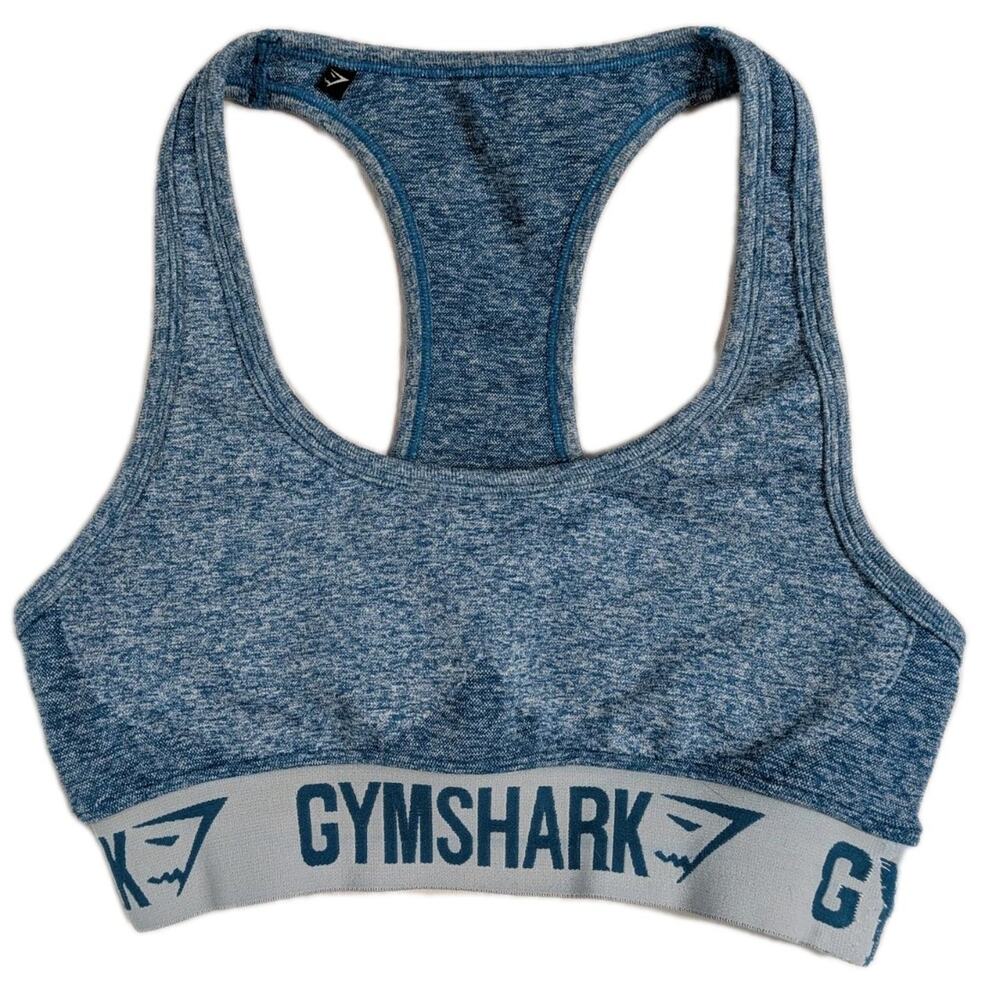 Gymshark Women Sports Bra Small Blue Heathered Wireless Knit Racerback Yoga